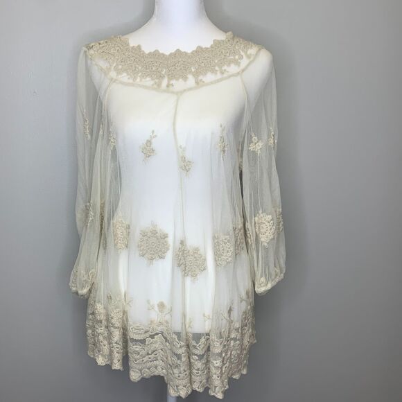 XCVI Womens‎ Mesh Floral Tunic Embroidered Sheer Beige Boho Fairy Cottage Core - Picture 2 of 13